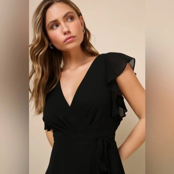 NWT Lulus Ravishing Charm Black Ruffled Wrap High-Low Maxi Dress - Picture 3 of 5